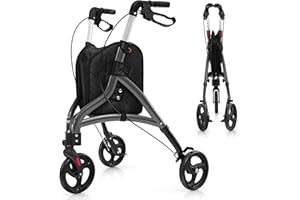COSTWAY Déambulateur à 3 Roues Pliable en Aluminium, Rollator Hauteur Réglable en 6 Niveaux avec Panier de Rangement Charge 136KG, pour Personnes Âgées, Intérieur & Extérieur (Gris)
