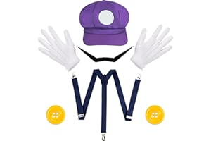 Orgoue Super Brothers Costume Accessories, Super Bros Hat Mustache Gloves Buttons Suspender Set for Adults Kids Women Cosplay