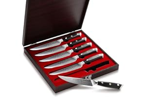 Sunnecko Couteaux à Steak en Acier Damas 73 Couches, Coffret Couteaux de Table Japonais 6 Pièces Lame 13cm, Set Couteau Cuisine Viande Manche G10