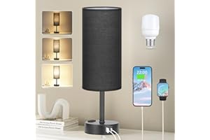 kakanuo Lampada da Comodino Touch Dimmerabile, Lampada da Tavolo con Porte USB-C+A+Presa, Paralume Nero Base Nero, Abat Jour da Comodino per Camera da Letto Soggiorno Ufficio(Lampadina Inclusa)