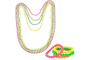 QIANEFFORT Neon Jewellery, 8PCS Fancy Dress 80's Retro Beaded Jewelry Set, Colorful for Women - Neon Necklace, Bracelets, Bulk, 80s Fancy Dress Accessories