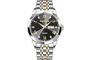 PINDOWS Watches for Men, Luxury Quartz Analog Watch with Date Big Face Waterproof Fashion Business Wristwatch Dress Two Tone Stainless Steel Classic Man Watch Luminous Calendar