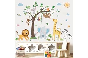 decalmile Pegatinas de Pared Animales de la Jungla Árbol Vinilos Decorativos Safari Elefante Jirafa León Mono Adhesivos Pared Habitación Infantiles Niños Bebés Guardería