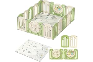 ZKIPRM Zkipm Laufgitter, faltbar, aus Holz, mit Spielmatte, modular, Sicherheitsverriegelung, verstellbare Form, faltbare Aufbewahrung, rutschfest, Barriere für Babys (12/14/16 Paneele