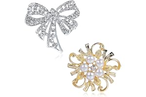WIDESMART 2 pcs Mix Set Diamond Brooch Rhinestone Evening Dress Brooch Rhinestone Bow Boutonniere Silver Flower Women Clothing Fashion Jewelry Sparkle Brooch Pin Elegant Party Banquet Wedding Birthday Gift