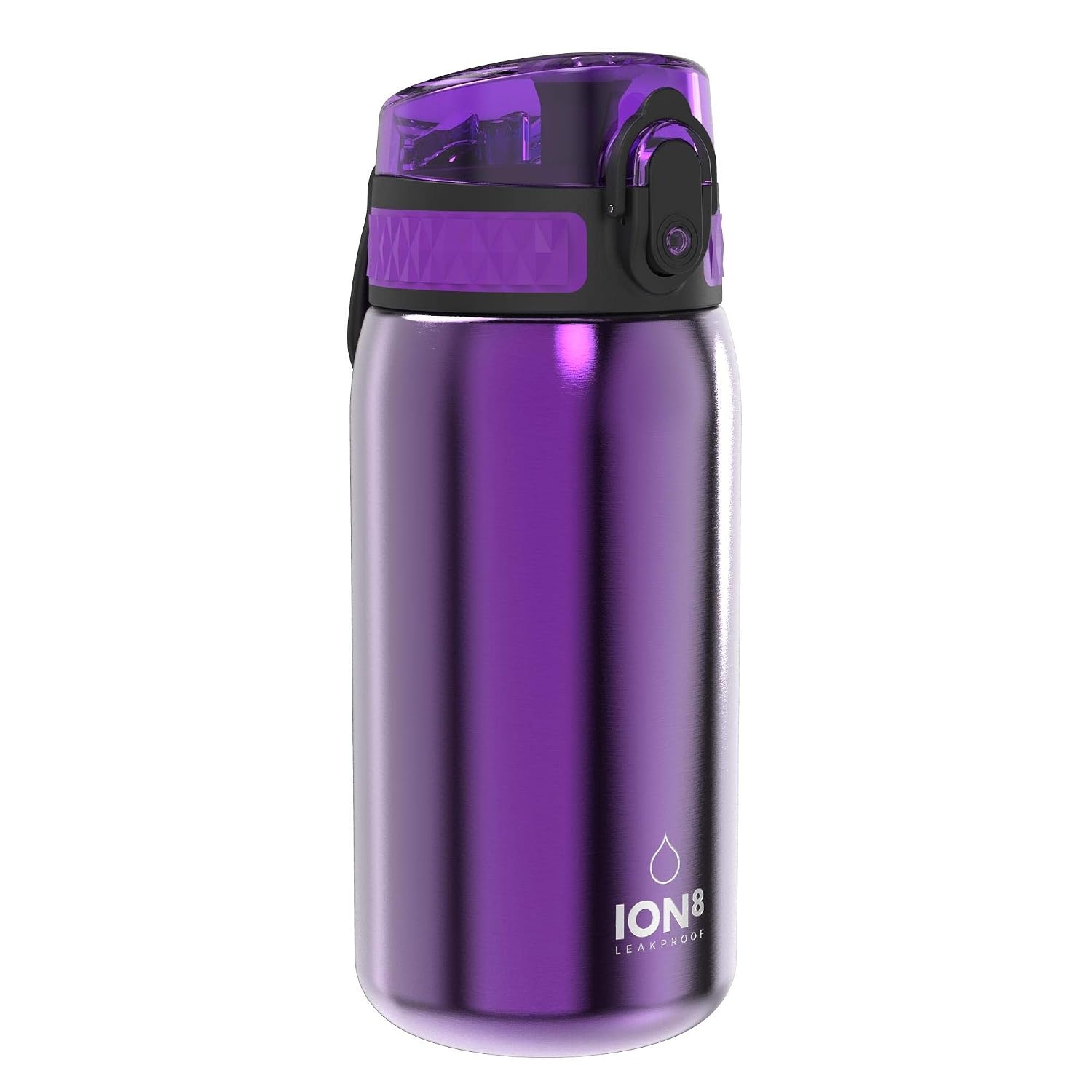ION8 Lichtgewicht Stalen Kinderwaterfles, 400 ml/13 oz, Zonder Isolatie, Lekvrij, Makkelijk te Openen, Veilige Vergrendeling, Vaatwasserbestendig, Flipdop, Draaggreep, Duurzaam, Paars