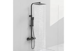 Acezanble Thermostatic Shower Mixer Set Matte Black, Square 38 °C Thermostat Shower System with 25cm Rainfall Shower Head, Handheld Shower, Anti Scald Shower Mixer Bar Kit, Adjustable Height