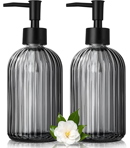 Gmisun Zeepdispenser, 330ml glazen zeepdispenser, 2 stuks afwasmiddeldispenser zwart, moderne glazen pompdispenser voor de badkamer, handzeepdispenser, vloeibare zeepdispenser