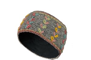 Damen Ohrenwärmer, Wolle, Fleece-Futter, handgestrickt, mit Blume, bestickt, grau, Einheitsgröße, handgefertigt, Pachamama, Fair Trade