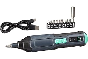 Amazon Basics by SKIL Uppladdningsbar skruvmejsel, laddningsbar, 3,6 V (max 4 V) med 10-bitars bitsats och USB-kabel