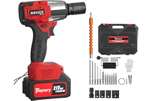 DICN 21V Cordless Impact Wrench 1/2 inch, Impact Gun Brushless High Torque Wrench Kit 550N.m, Battery Impact Driver with Fast Charger LED Light 4 Sockets & 12 Drill Accessories - Red