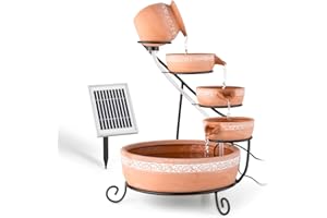 Blumfeldt Empoli Fontaine Solaire en Cascade (5 étages, Terre Cuite, Panneau Solaire 2 W, 200 l/h, Couronne à LED 4 lumières), Terre Cuite