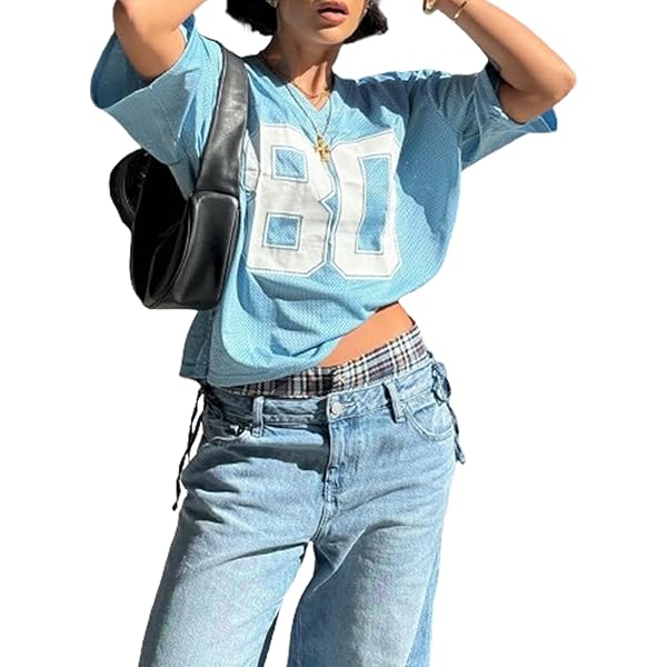 GORGLITTER Y2K shirt à manches courtes pour femme avec patchs col en V ample en jersey décontracté, Noir, S