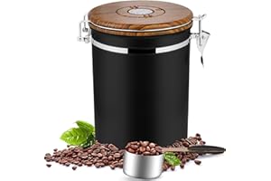 Dreamhigh® Puszka na kawę, hermetyczna, 1 kg ziarna – pojemnik na kawę ze stali nierdzewnej z miarką – czarny, 2800 ml