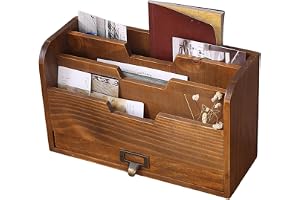 Brevställ, 3-fack i trä med låda, retro brun skrivbordsorganisatör för mappar, post, kuvert