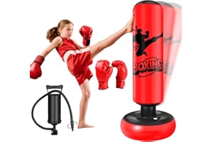 Qoosea Sacco da Boxe per Bambini 6-12 Anni, 160cm Stabile Sacco da Boxe Gonfiabile con Guanti da Boxe, Pratica di Taekwondo Karate Attrezzatura da Allenamento MMA, Regalo per Ragazzi Ragazze