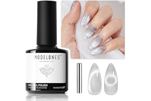 MODELONES lakier do paznokci kocie oko UV, 15 ml, srebrny lakier do paznokci z magnesem, srebrny żel Cat Eye UV, błyszczący żel, lakier do paznokci UV, srebrny, odblaskowy, półprzezroczysty żelowy,