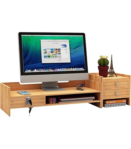 Support Pour écran D'ordinateur En Bois Avec 2 Tiroirs - Organisateur De Bureau - Surélève L'écran De 9-10 Cm - Idéal Pour Rangement