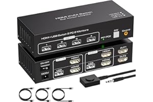VPFET HDMI Commutateur KVM 2 pc 2 Moniteurs pour KVM Switch 2 Ordinateurs avec 4 USB 2.0 Support des modes de Copie et d'Extension avec Contrôle en Ligne et 2 Câbles USB 2.0