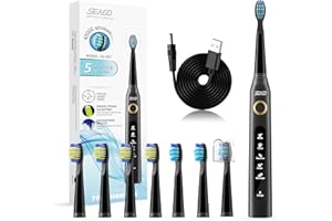 Seago Ultradźwiękowa szczoteczka do zębów, elektryczna szczoteczka do zębów z 8 głowicami do szczoteczek do zębów, 40 000 wibracji na minutę, 5 różnych trybów, ładowana przez USB (czarna)