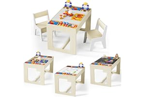 MAMIZO Table Enfant avec Rangement, Table Enfant en Bois avec 2 Chaises, avec Plateau de Réversible, pour la Garderie l'école, Dessiner Jouer, Bureau pour 3 Ans +,Couleur de Bois avec Blanc