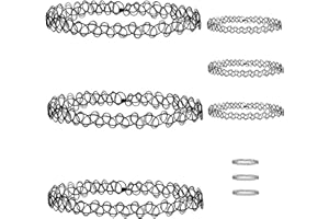 VIEXPAND 9 Sets Schmuck-Sets, 3 x Elastische Dehnen Halskette + 3 x Armband +3 x Ring, Vintage Kette in schwarz, Vintage Boho Tattoo Stretch elastischer Schmuck Frauen Mädchen Geschenk
