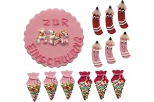 Kaffeehaus Diamant - großes Backdekor Set zur Einschulung - 1 Schild, 6 Schultüten und 6 Stifte - rosa, rot, pink - Zuckerdekoration zum Schulstart für Mädchen