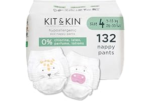 ‎KIT & KIN Kit & Kin Premium Eco Nappies Pants Size 4 (9-16 kg), 132 Nappies, Vegetable & Hypoallergenic Nappy Pants, Reliable Leak Protection, Vegan & Cruelty Free