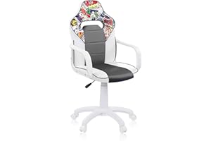 ADEC GROUP duehome | DRW Sticker, Silla Gamer, Silla de Oficina Gaming Estudio o Escritorio, Acabado en Símil Piel Blanco, Gris y Sticker, Medidas: 46,5 cm (Ancho) x 46 cm (Largo) x 98-109,5 cm (Alto)
