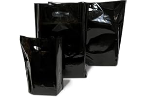 JeeJaan® 50 Pcs of Black Plastic Carrier Bags 15"x18"+3" - Strong Patch Handle Bags Ideal for Boutiques Clothes, Jewellery, Gifts, Retail and Shopping