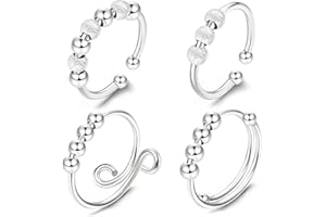 JeryWe Anxiety Ring with Beads for Men Women Teen Egirl 14k Gold Plated Adjustable Fidget Spinner Rings (4 anillos de ansiedad con perlas para hombres, mujeres y adolescentes), Acero inoxidable