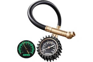AstroAI Heavy Duty Tyre Pressure Gauge, 100 PSI Certified ANSI B40.1 Accurate with Large 2" Easy Read Glow Dial, Durable Rubber Hose and Solid Brass Construction for Car Truck Motorcycle