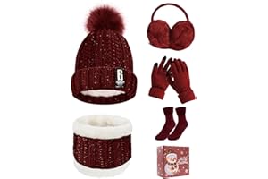 UMIPUBO Knitted Hat and Scarf Set 5 PCS Unisex Thermal Winter Set Women Warm Scarf Set Thickend Knitted Beanie Hat Scarves Gloves Neck Warmer and Touchscreen Gloves Outdoor Sports with Gift Box