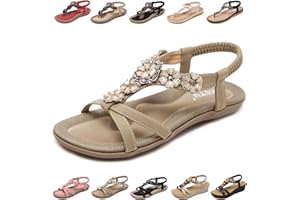 QJJQ Sandały damskie z obcasem, na lato, wygodne, eleganckie, z perłami ze strasu, boho, buty na plażę, buty rekreacyjne, płaskie sandały, rozmiar 36-42