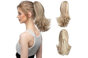 CJL HAIR Short Claw Clip Ponytail Hair Extension Drawstring Synthetic Fake Hairpiece for Women 12" Straight Ponytail with End Curls Dirty Blonde