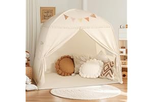 Wilwolfer Play Tent for Kids: with Flags - Tent for Kids Indoor Toddler Large Teepee for Boys & Girls - Toddler Playhouse Inside Canopy Bed for Playroom Gift Toys (Cream)