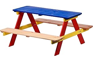 dobar Children seating for four children, as seating with picnic bench or casino, FSC wood, 90 x 85 x 45 cm, colorful