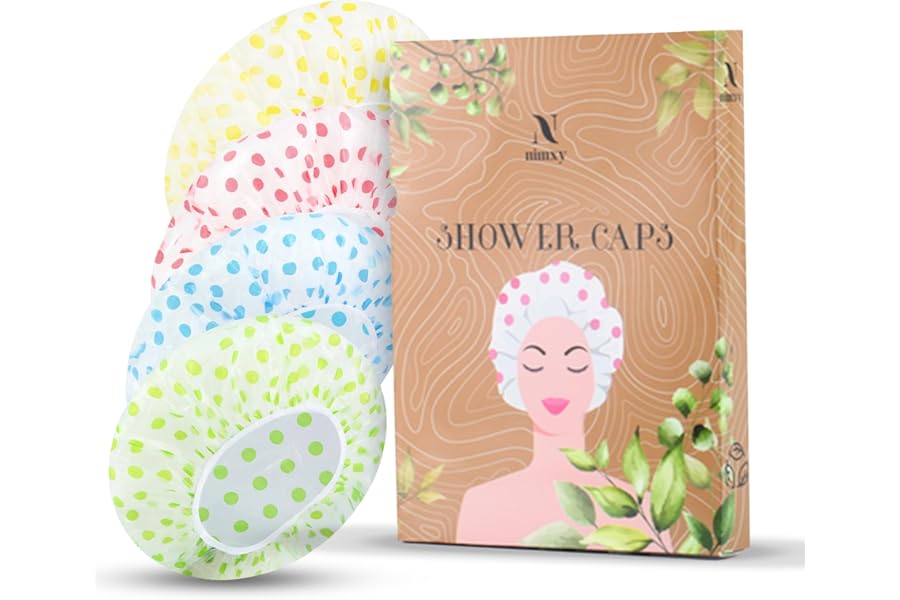 Nimxy Pack of 4 Shower Cap, Reusable Shower Caps For Women & Men - Waterproof with Elastic Band & Soft Lining (Dotted)