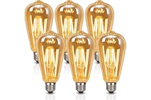 Belns Melns LED Edison Bulb E27, Vintage Light Bulb, 6W E27 LED Filament Bulb, Antique Style Retro Amber Glass Screw Lamp, ST64 2200K 550LM 6W - 6 Pack