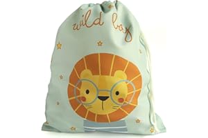ETIKIDS - Bolsa de Merienda Infantil Reutilizable, Diseño Divertido, Ecológica, Lavable, Cierre con Cuerda, Compacta, Ideal para Colegio y Guardería, 24x29cm, León Gafas, Tela