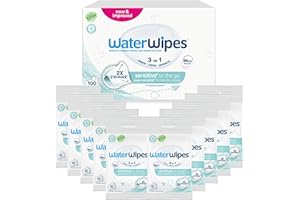 ‎WATERWIPES WaterWipes Sensitive+ On The Go Wipes, Chusteczki na wynos, 100 sztuk (opakowanie 10), 3 w 1: delikatnie oczyszczają, pielęgnują, chronią, 99.9% wody, bezzapachowe chusteczki nawilżające