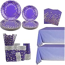 Set Stoviglie Per Feste In Oro E Viola - Piatti, Tazze, Tovaglioli E Tovaglia Per Compleanni E Matrimoni