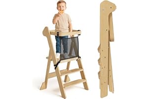 COSYLAND Torre de Aprendizaje Montessori de Madera Plegable Desde 1 Año – Ganadora del Premio iF Design, con Red de Seguridad y Altura Ajustable, Ideal para Cocina y Baño (Natural Clásico)