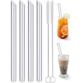 Realure 4 Pcs Oblique Straws Bubble Tea, 14mm Extra Wide Glass Straws | Transparent Glass Straw Straight 215mm with Brushes,