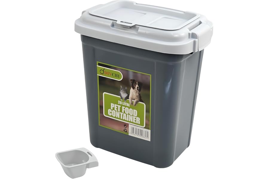 DIVCHI 20L Pet Food Storage Container Flip Top Locking System With Integrated Scoop Plastic Birds Airtight Pet Dog Cat Animal Dry Food 9 KG Dispenser Bin (Dark Grey)