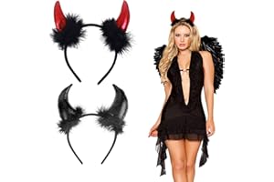 AOMAIGAD Serre Tete Halloween Femme Diable, 2 pièces serre tete corne diable,serre tete ange noir,pour Fête Halloween Carnaval Ornement Accessoire Enfant Adult Femme Fille Cosplay