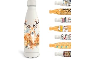 Grsta Gourde Isotherme, 500ml Gourde Enfant, Gourde Personnalisée avec Cerf, Gourde Sport Sans BPA, Facile à Transporter, Bouteille d'eau anti Fuite, pour l'École, Bureau, Voyage, Sports, Blanc