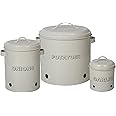 Set of 3 Antique Cream Vintage Potato Onion Garlic Kitchen Storage Canisters Jars Pots Containers 3 Piece Set, Potato, Garlic, Onion Bin Caddy, With Aerating Tin Storage Holes & Metal Lid