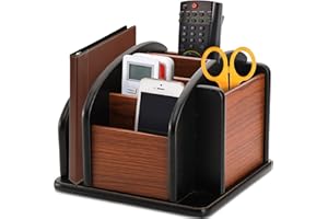 DEAYOU Wood Rotating Remote Caddy, Spinning Remote Control Holder for Table, 6-Compartment Wooden Revolving Office Supplies Desktop Storage Organizer for Pen, Pencil, Mail, Desk, Home, Living Room