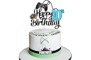 SYKYCTCY 1 Pack Happy 10th Birthday Cake Topper Glitter Video Game Cake Pick Game On Controllers Tenth Cheers to 10 Years Cake Decoration for Game Theme Happy 10th Birthday Party Supplies Black